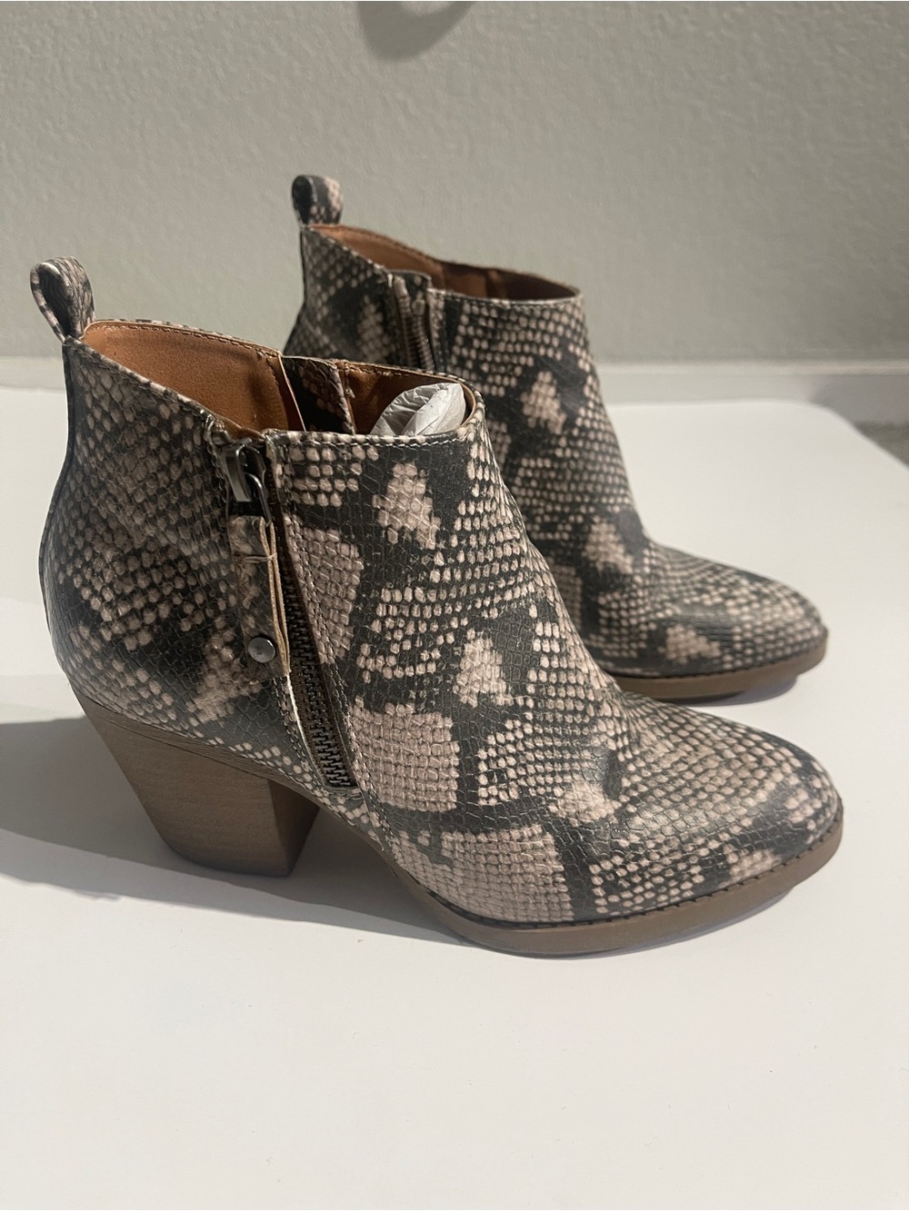 Universal Thread Snake-Print Ankle Booties in Taupe and Black